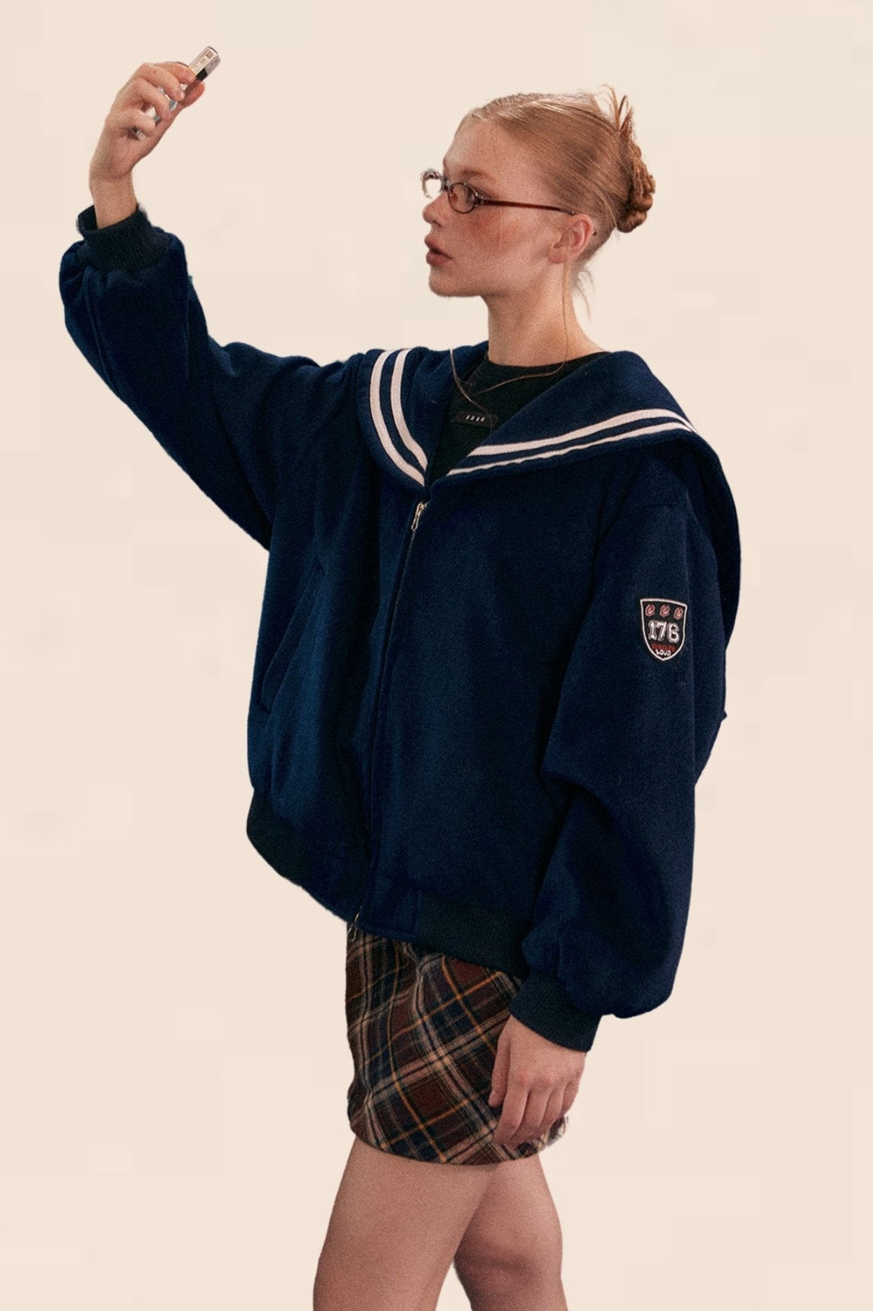 American Retro Navy Collalege Sweatshirt Set-UP