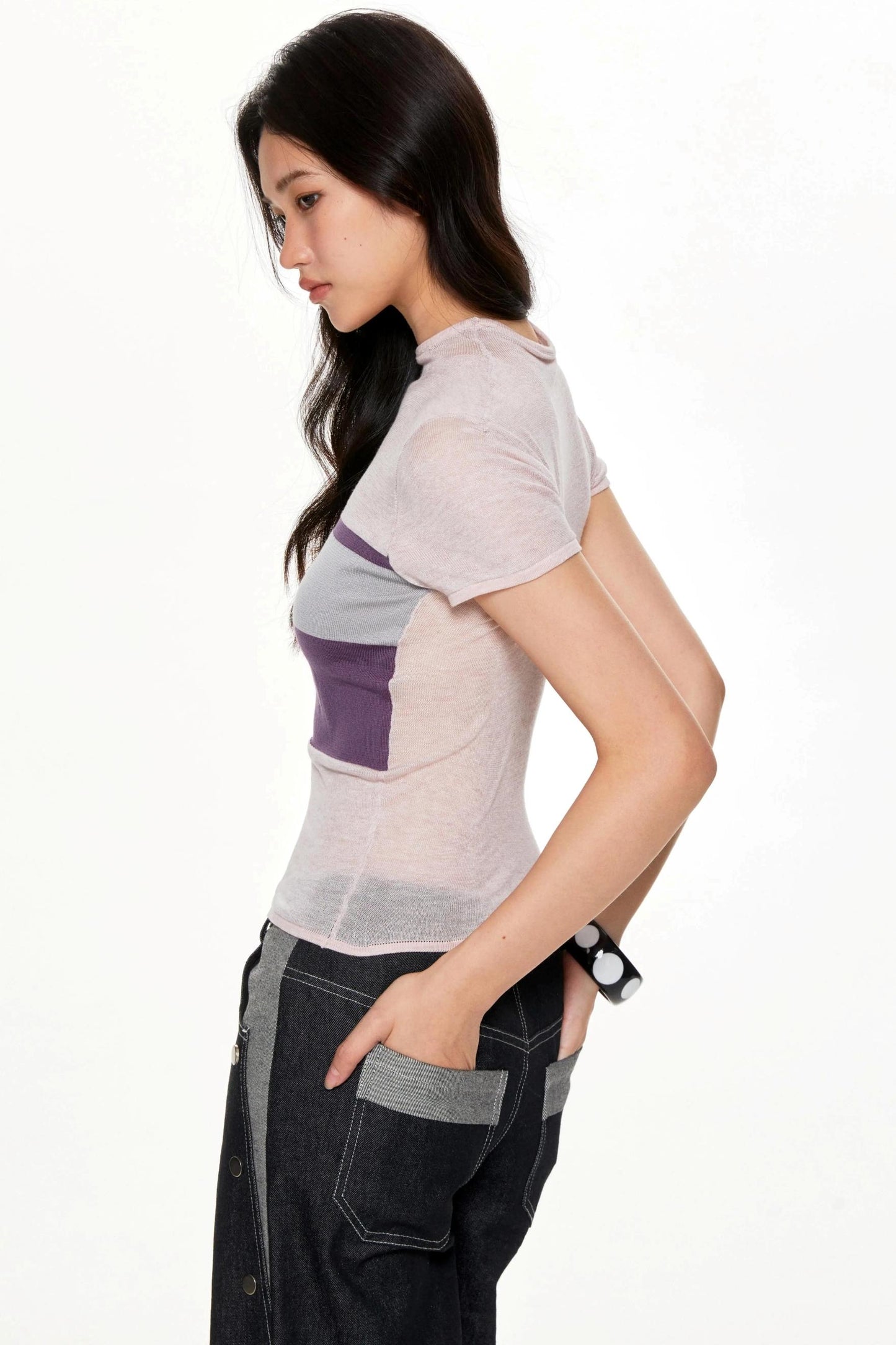 Color Collision High Neck Slim Top