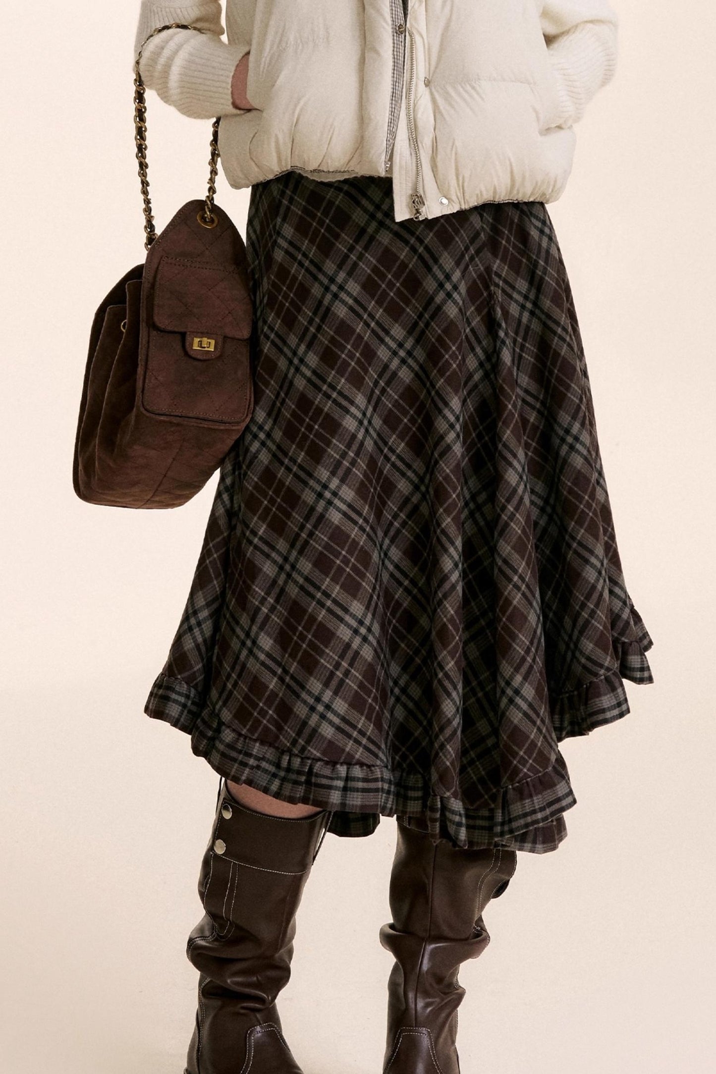 Irregular Ruffled Plaid Skirt