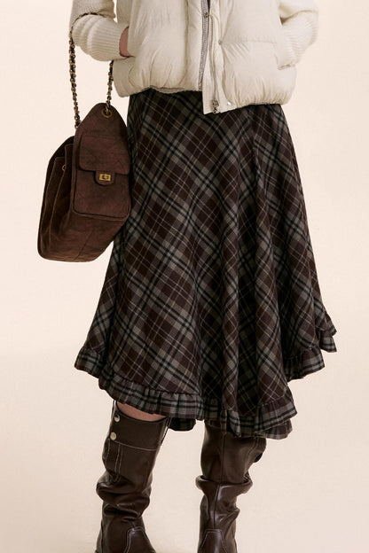Irregular Ruffled Plaid Skirt