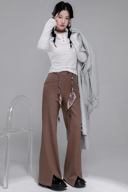 Silk Scarf Belt Split Bootcut Pants