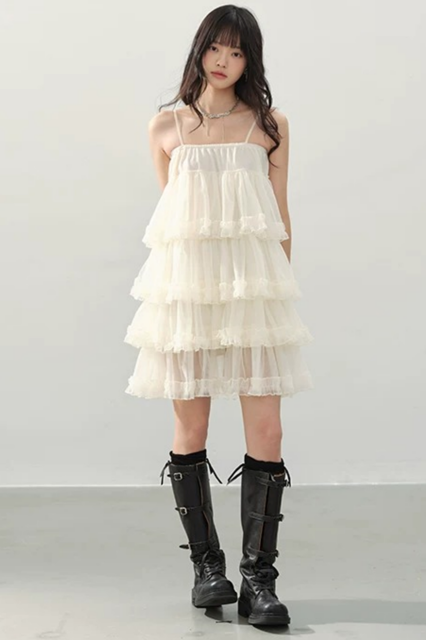 Cream Ruffled Spaghetti Strap Dress