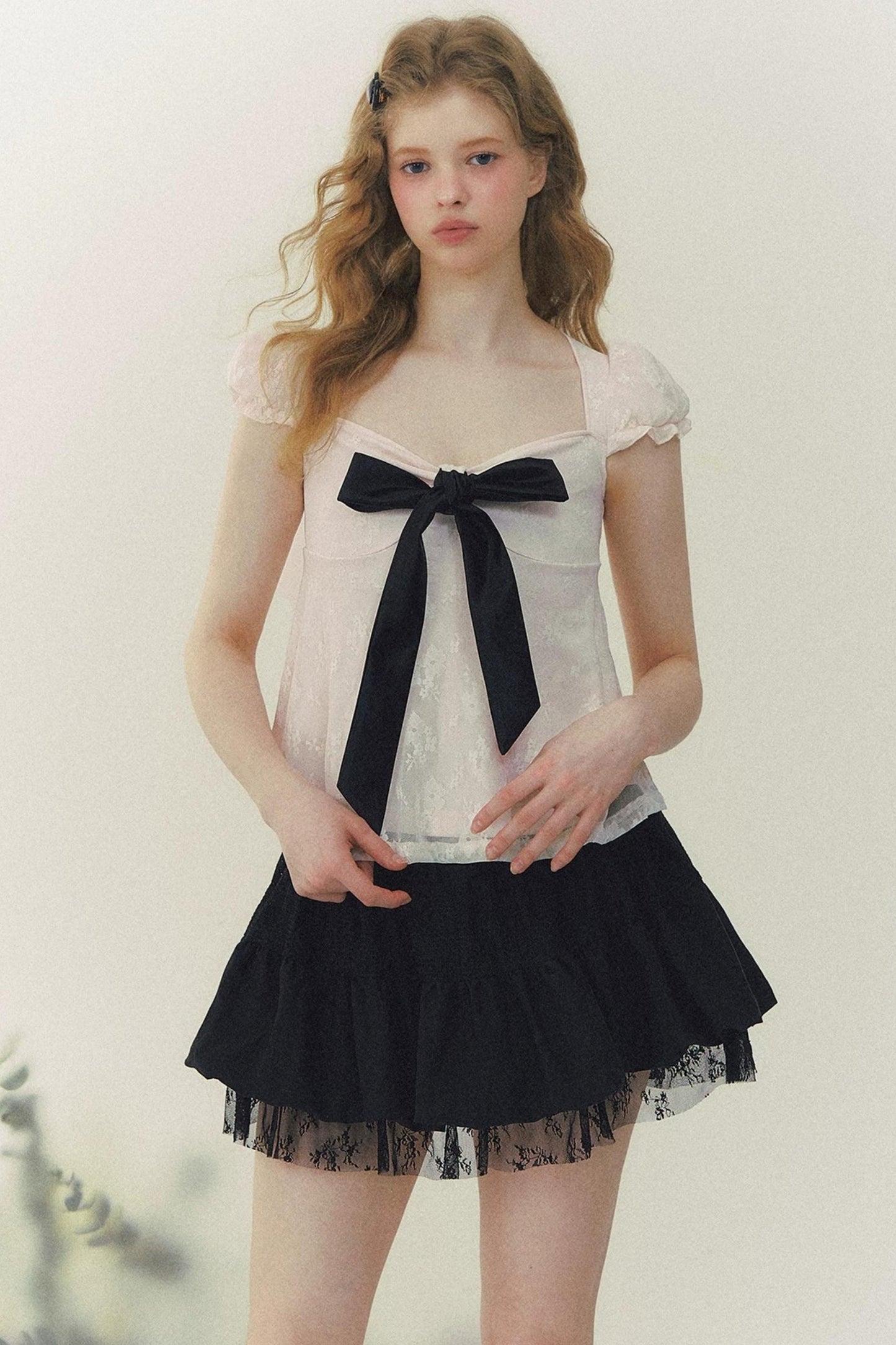 Square Neck Bow Lace Top