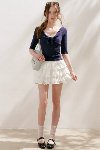 French Wave Lace Bow Blouse