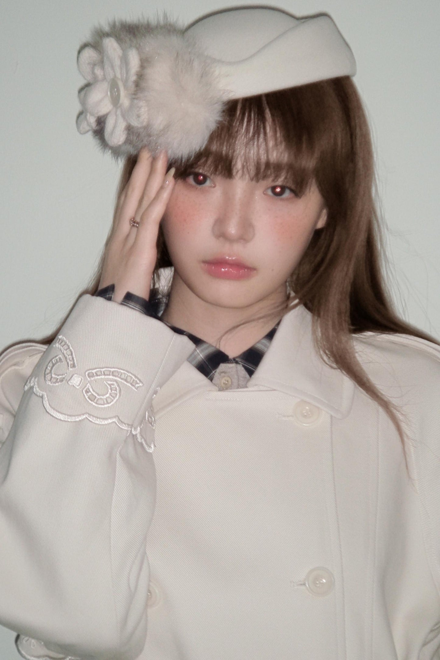 Creamy Hollow Flower Trench Coat