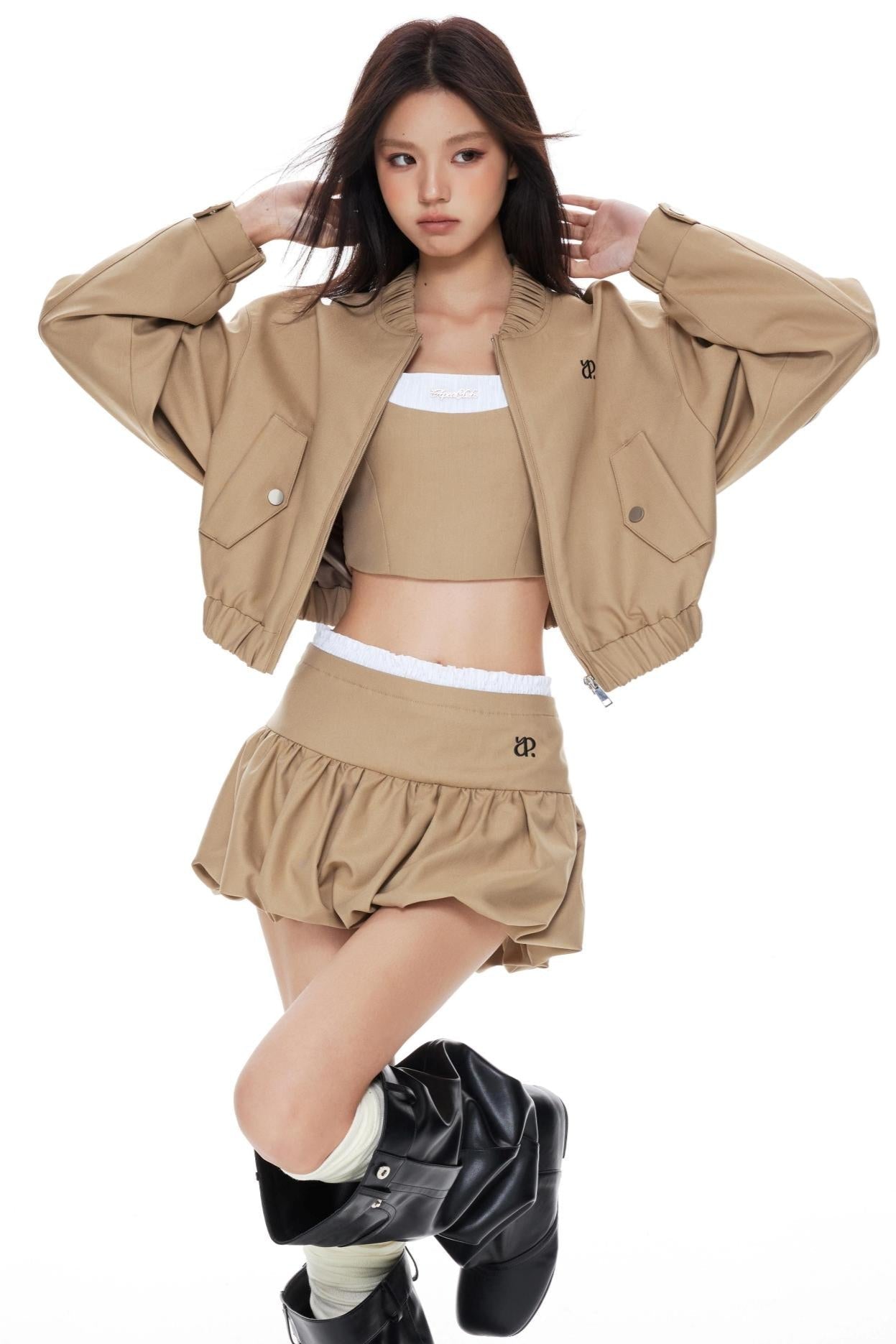 Khaki Cropped Jacket Skirt Set-Up