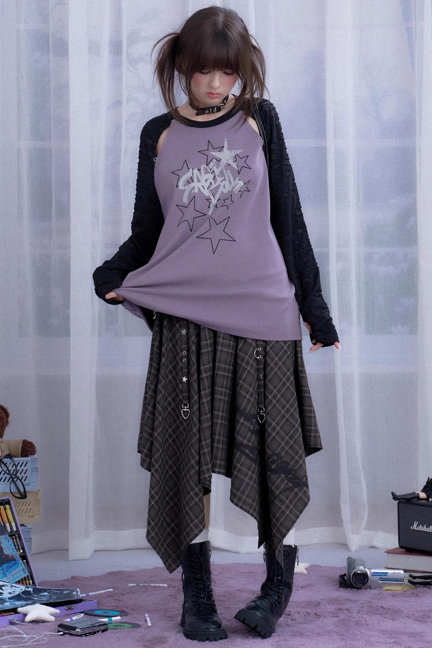 Fighting Spirit Street Brown Plaid Long Skirt