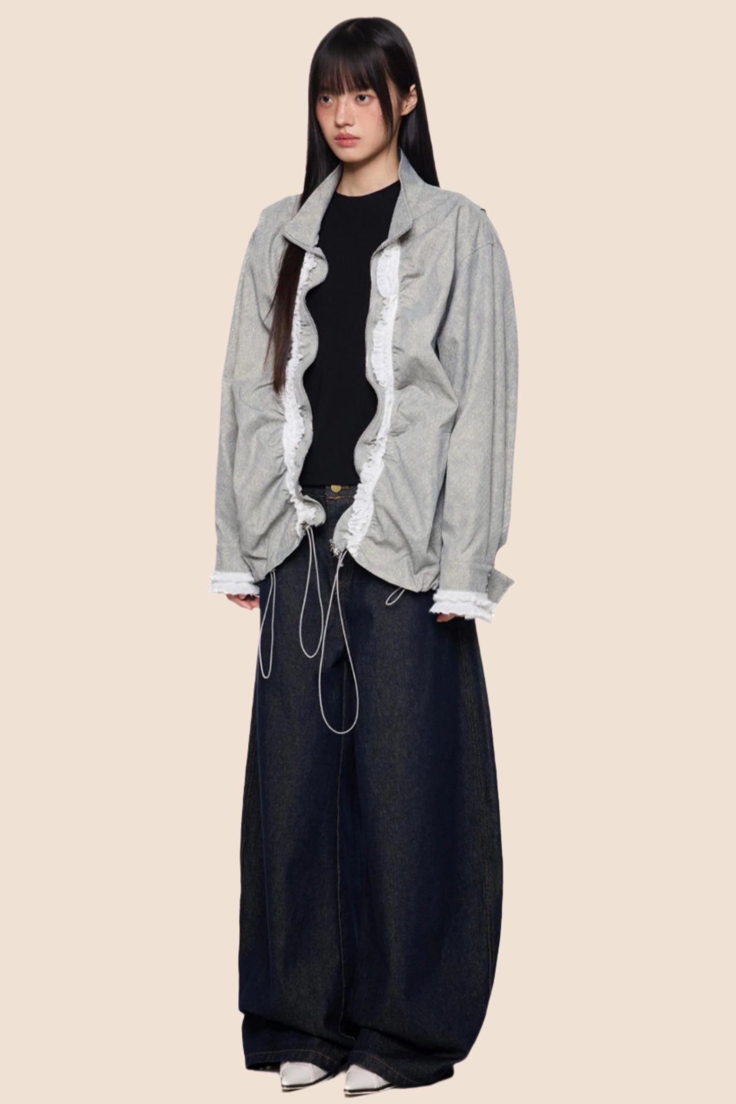 Loose Fit Pleated Lace Zip Jacket