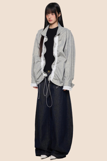 Loose Fit Pleated Lace Zip Jacket