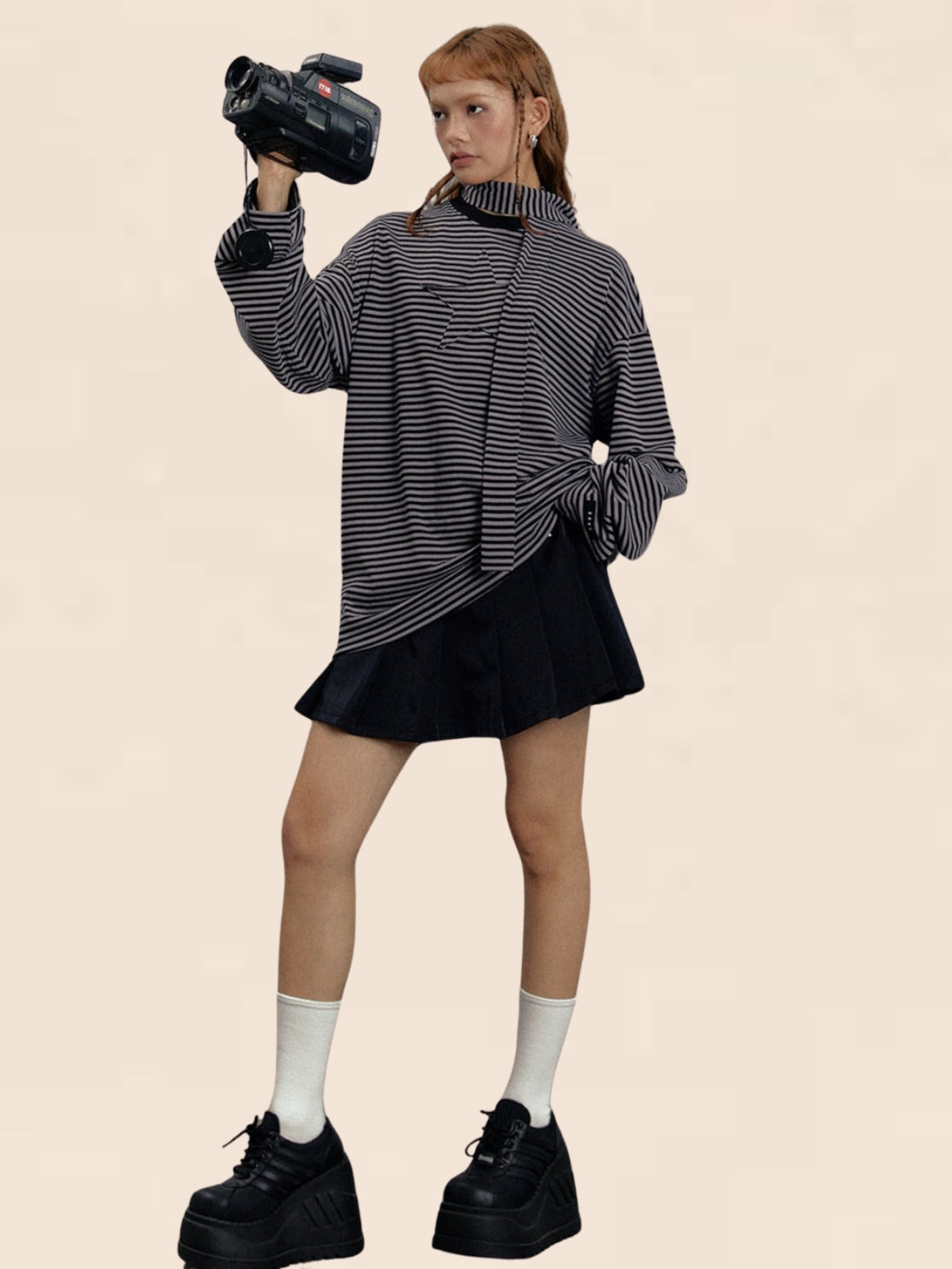 Half-Turtleneck Striped Long Sleeve T-Shirt