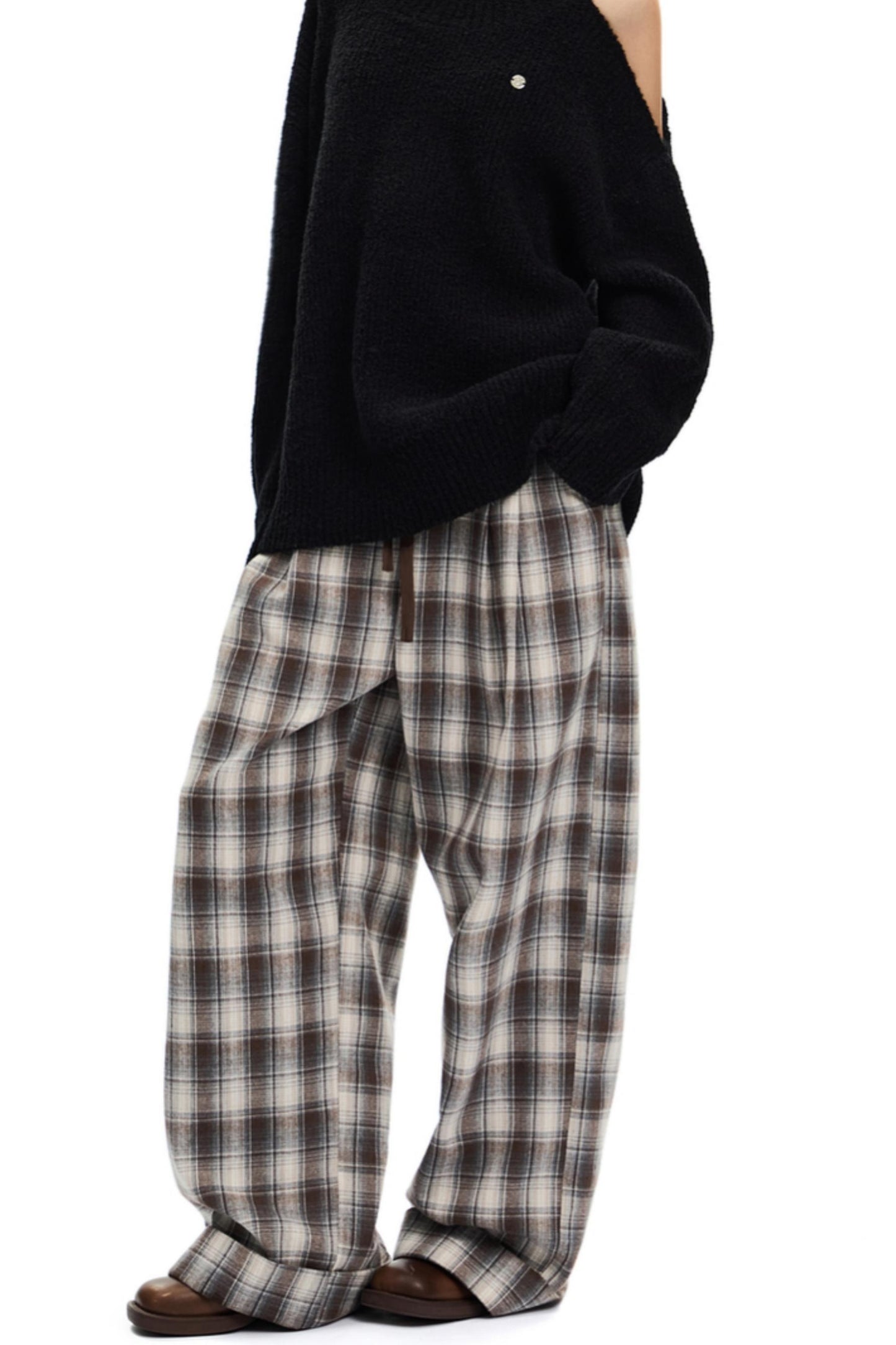 Brushed Plaid Elasticated Waist Pants