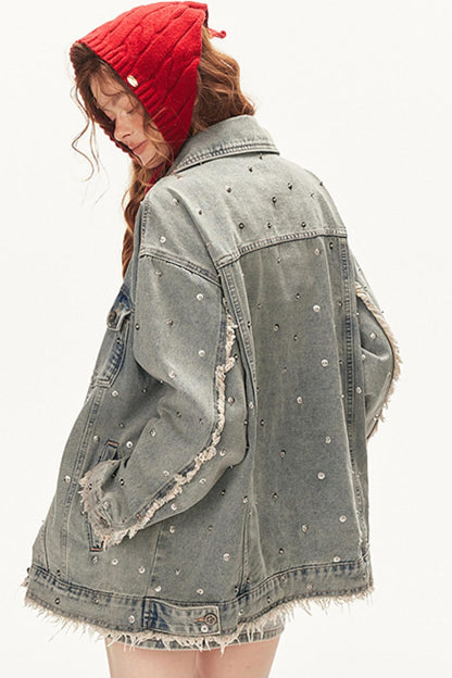 Denim Studded Jacket With Short Skirt Set-Up