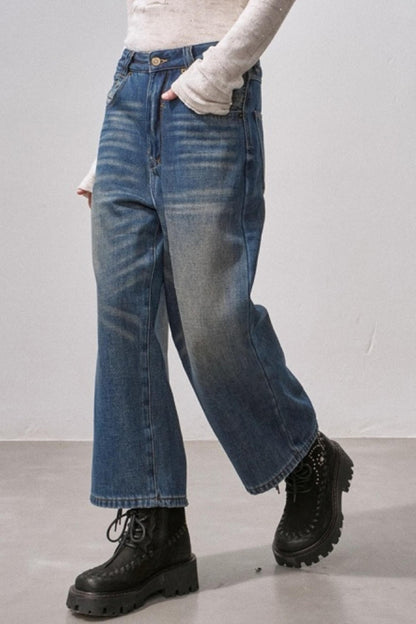 Retro Fleece-Lined Cropped Jeans