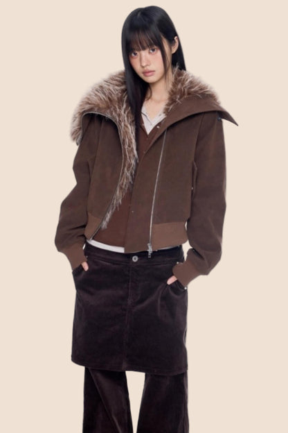 Faux Suede Fur Collar Coat