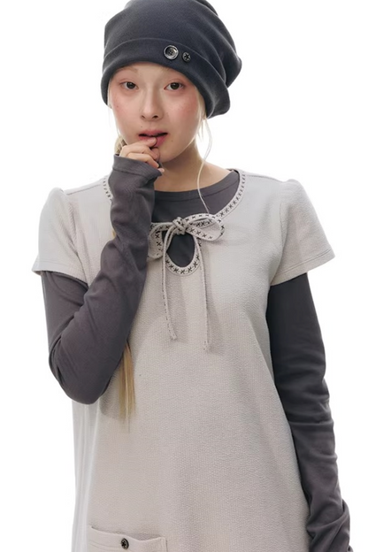 Embroidered Tie Neck Dress