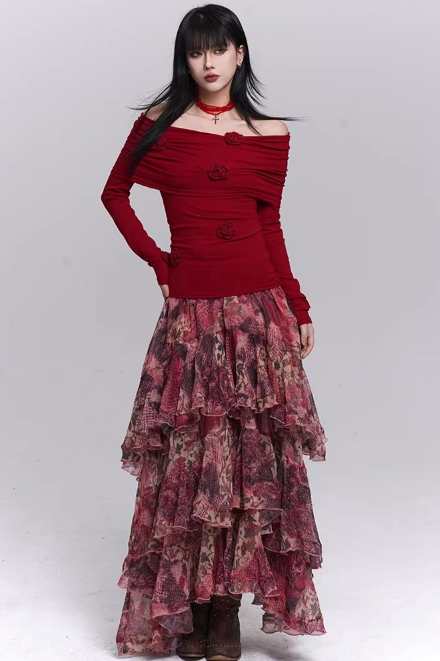Red Floral Tiered Skirt