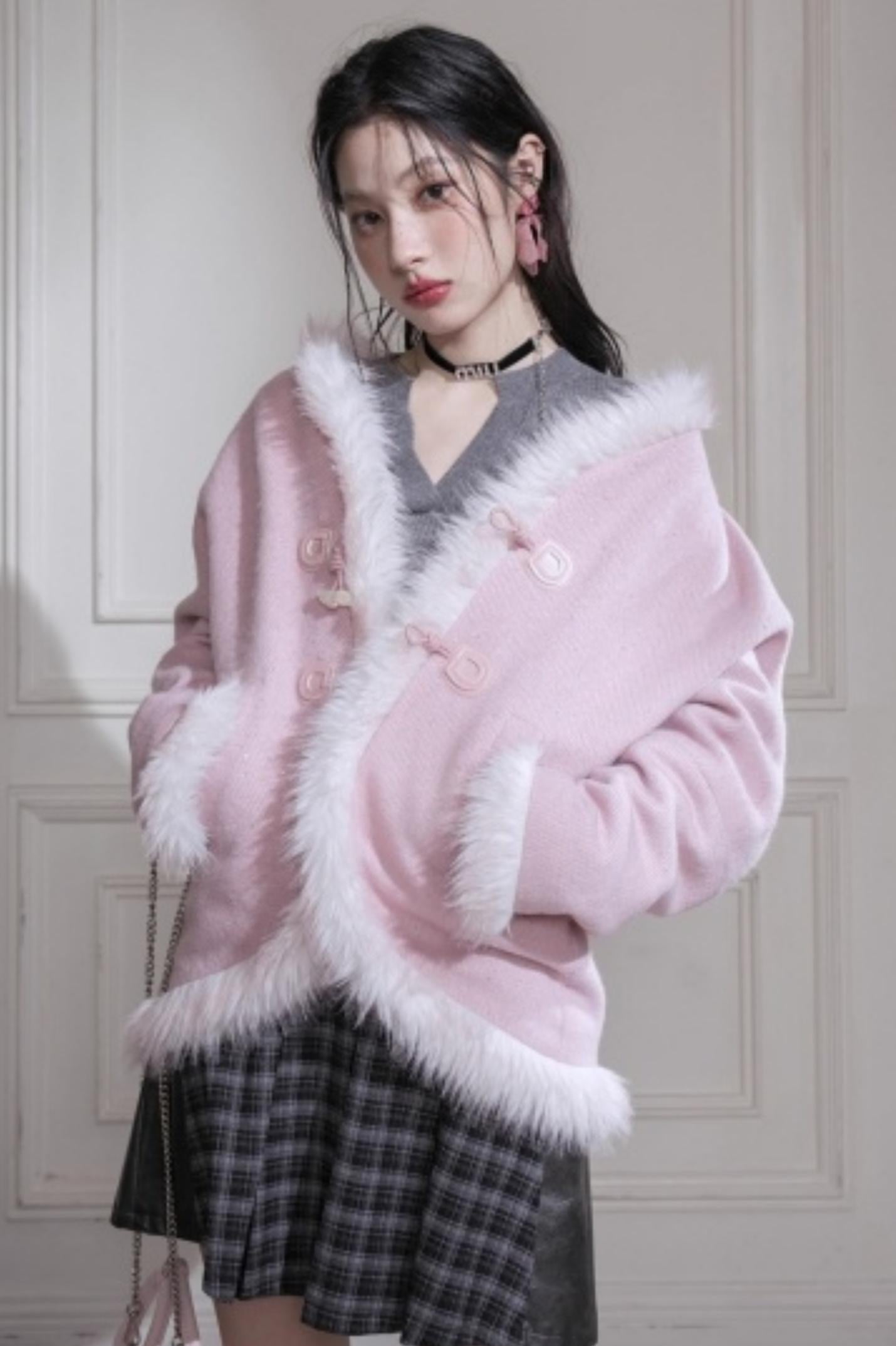 Snow Cherry Fleece Collar Wool Coat