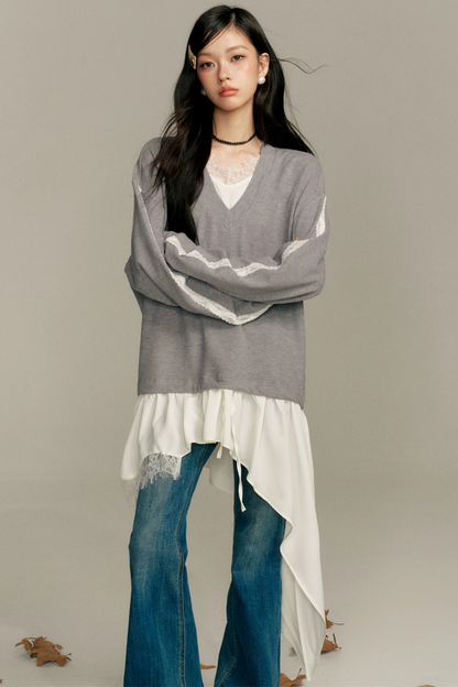 Asymmetric Hem V-Neck Sweatshirt