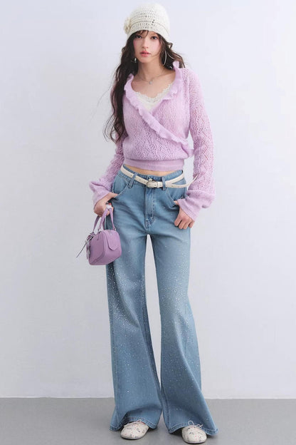 Washed Rhinestone Flared Pants