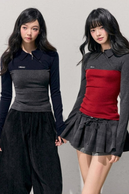 American Long-Sleeve Polo Collar Knit Top