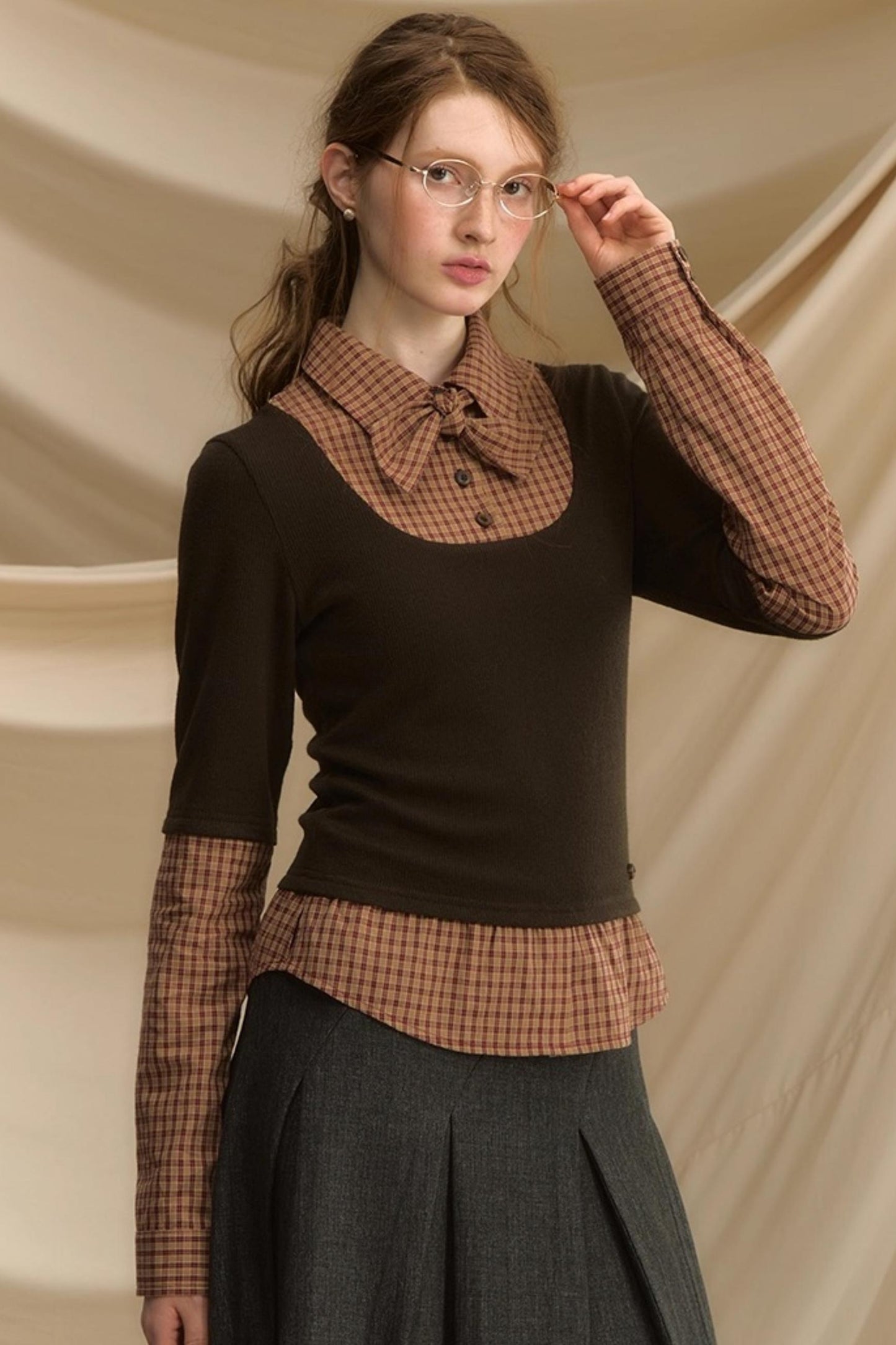 Bow Tie Plaid Slim Shirt