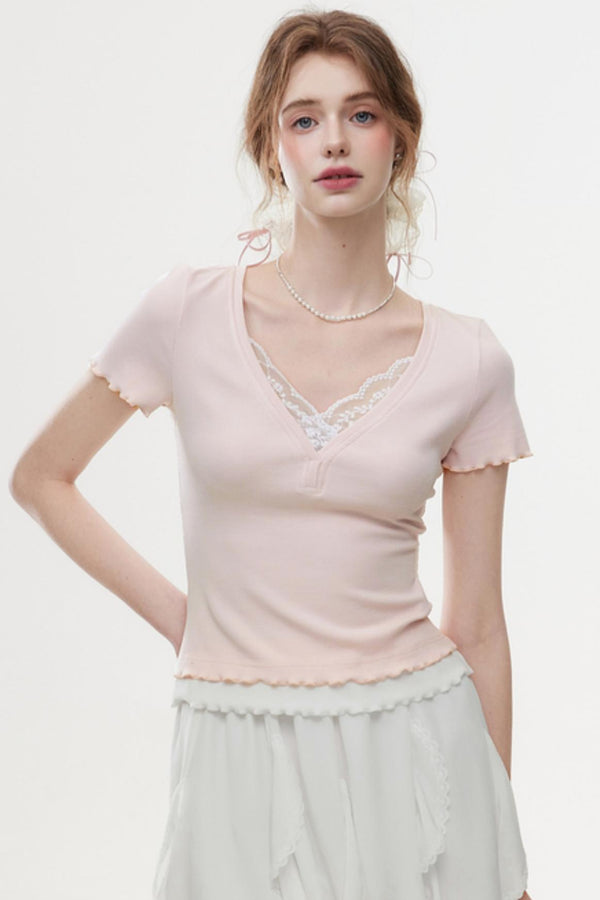 Milkshake Powder Lace V-Neck Knit Tee