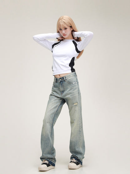 American straight-leg distressed jeans pants