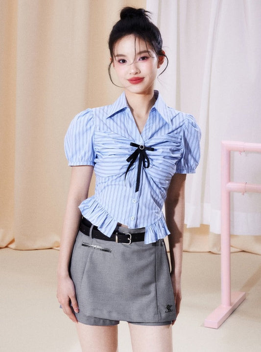 Bow shirt pleated skirt set