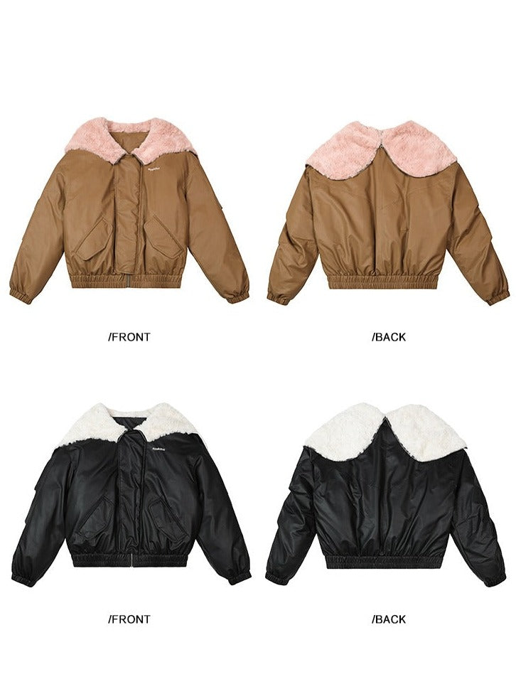 Imitation rabbit fur hooded no-wash pu skin down jacket