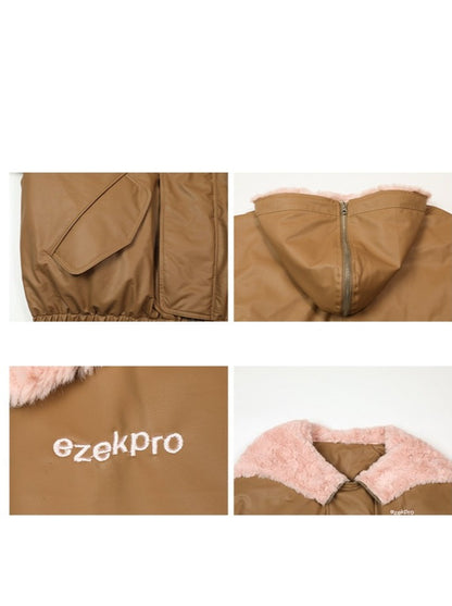 Imitation rabbit fur hooded no-wash pu skin down jacket