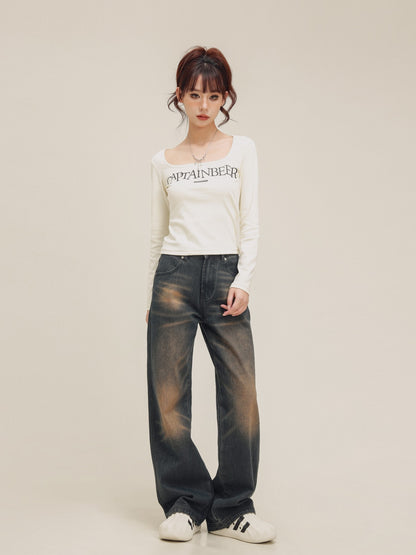 washed distressed draped jeans pants