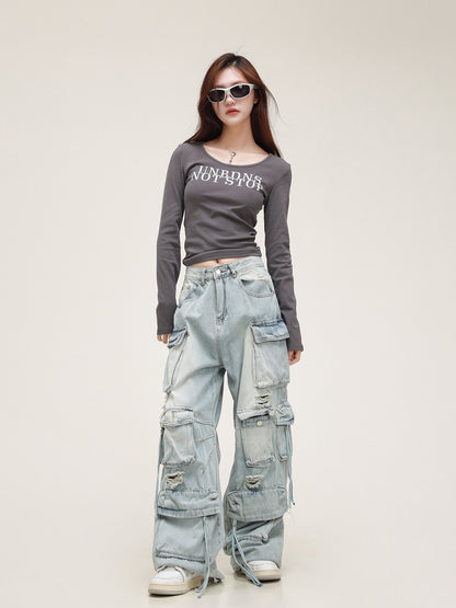 American Retro Multi-Pocket Jeans Pants