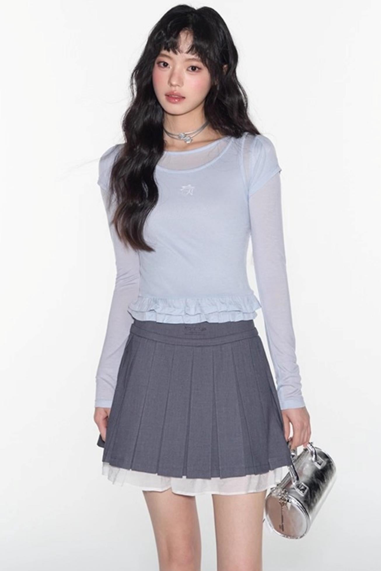 Ruffle Tencel Long-sleeved Top Set-Up