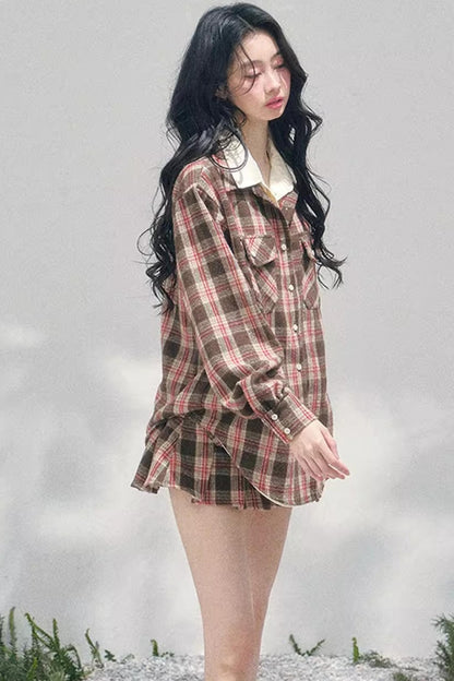 British Cafe Plaid Shirt and Short Skirt Set-Up