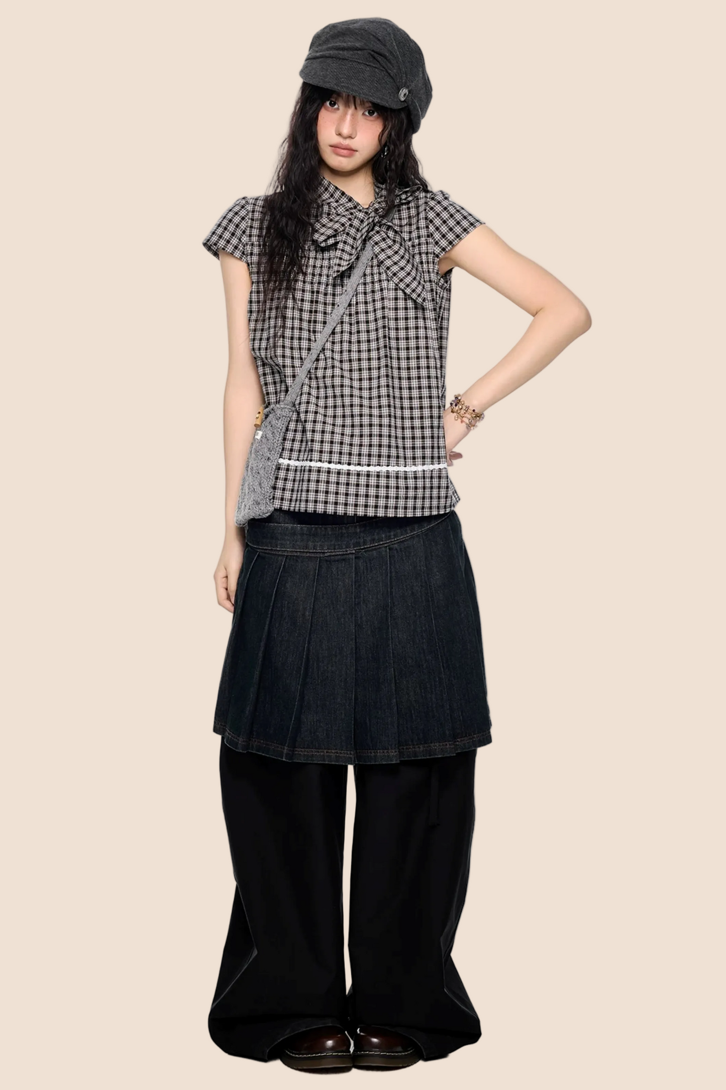Top color-block con fiocco a quadri