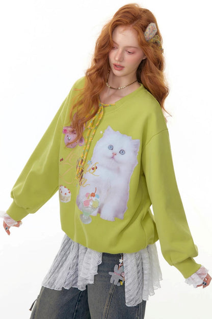 American Retro Cat Print Sweatshirt