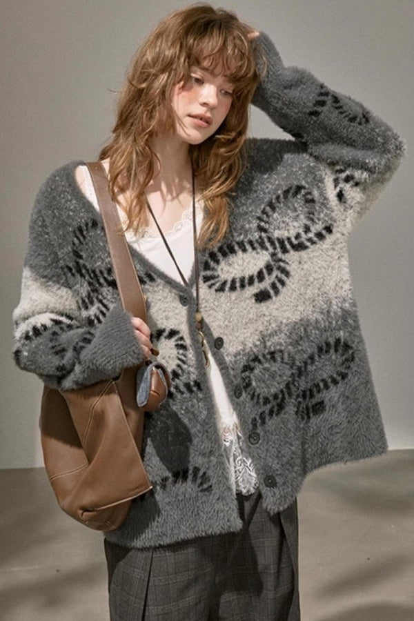 Bow Gradient V-Neck Knitted Cardigan