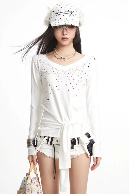 White Hot Girl V-Neck Long Sleeve T-Shirt