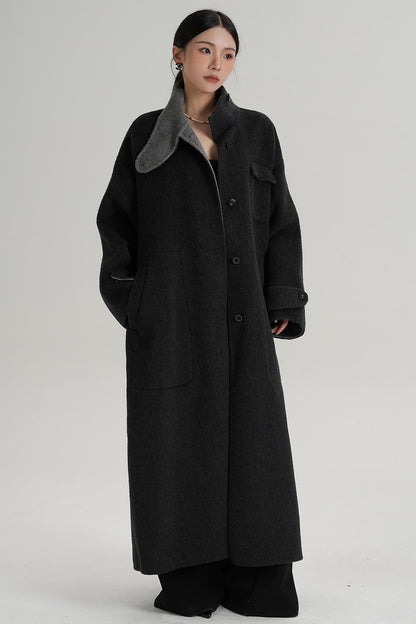 Temperament Design Color-Blocking Woolen Coat