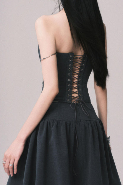 Gray Fishbone Waist Top Bustier Skirt Set-Up