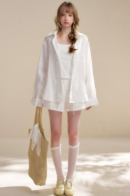 Linen Tencel Beaded Blouse Set-Up