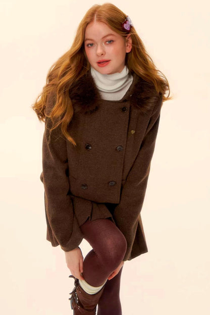 Retro Coffee Woolen Coat Skirt Set-Up