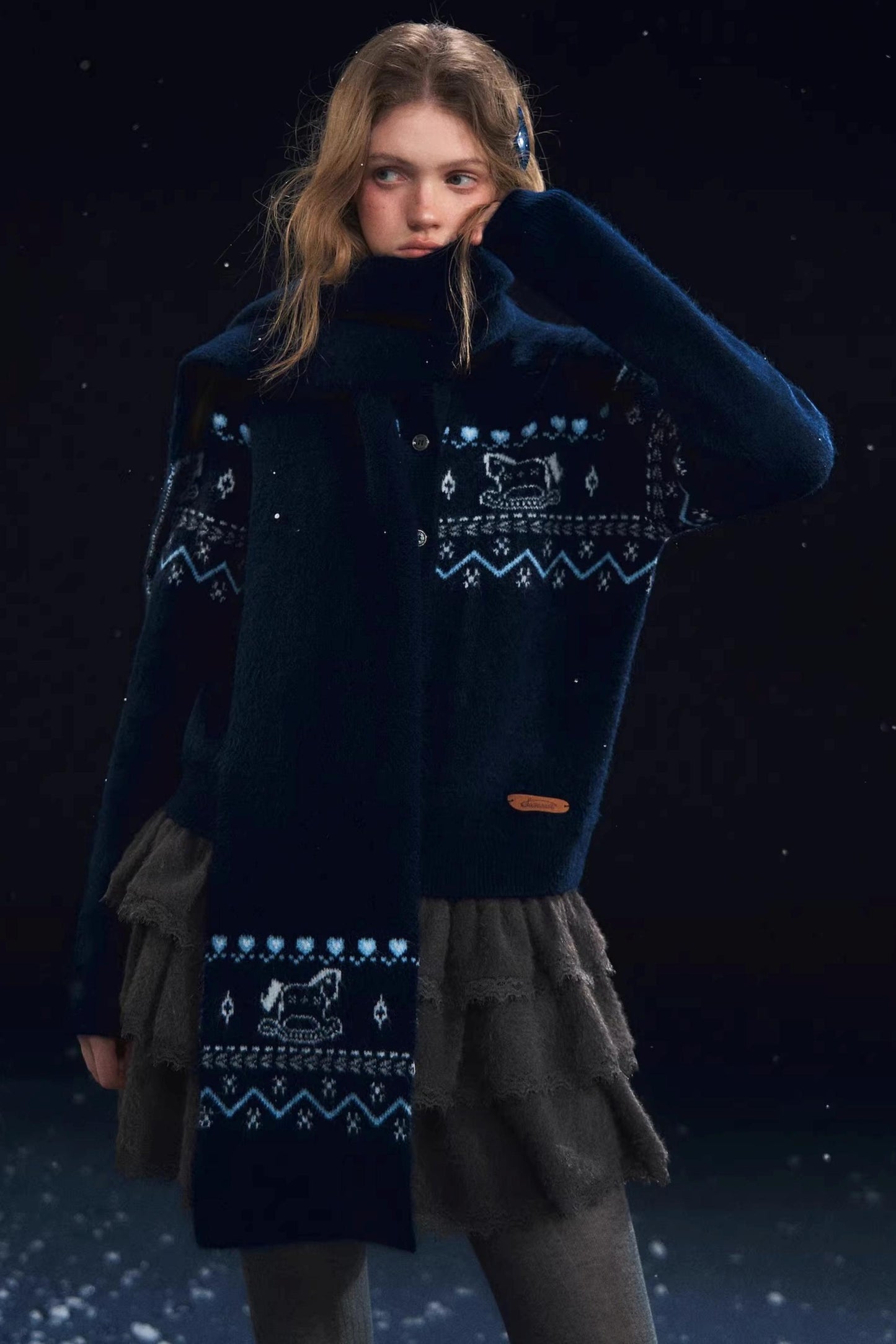 Fair Isle Scarf Cardigan Two-Piece Set