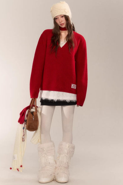 Asgony Red Retro Knit Sweater