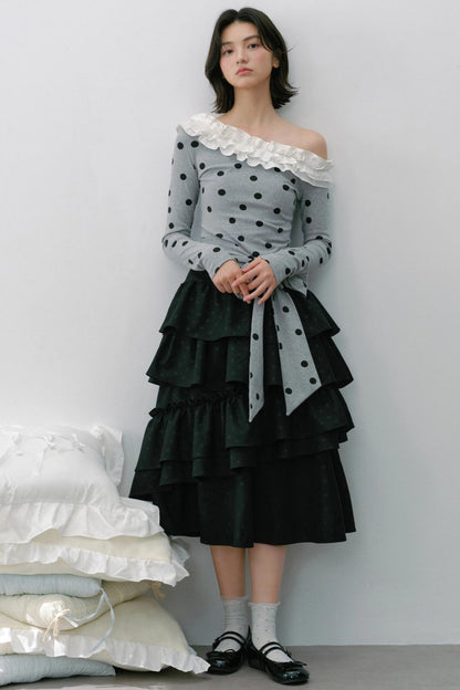 Sweet Slanted Shoulder Long-sleeved T-shirt