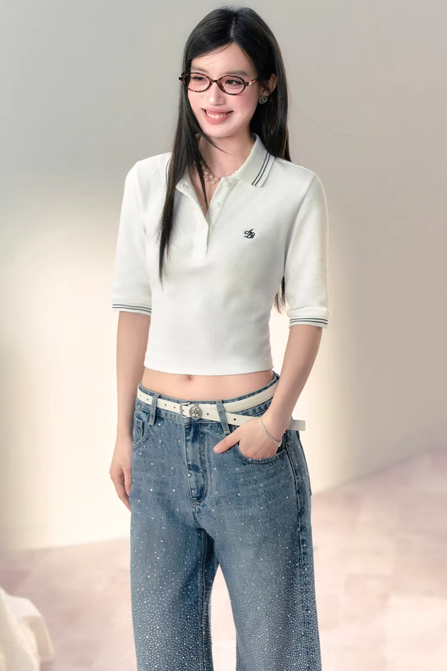 Three-Dimensional Waffle Knit Polo Top