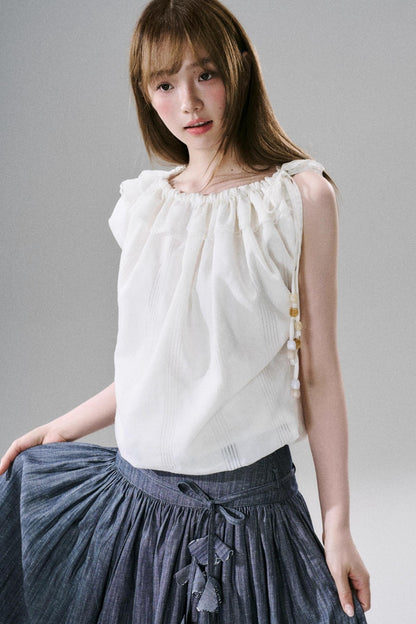 Beaded One-Shoulder Linen Top