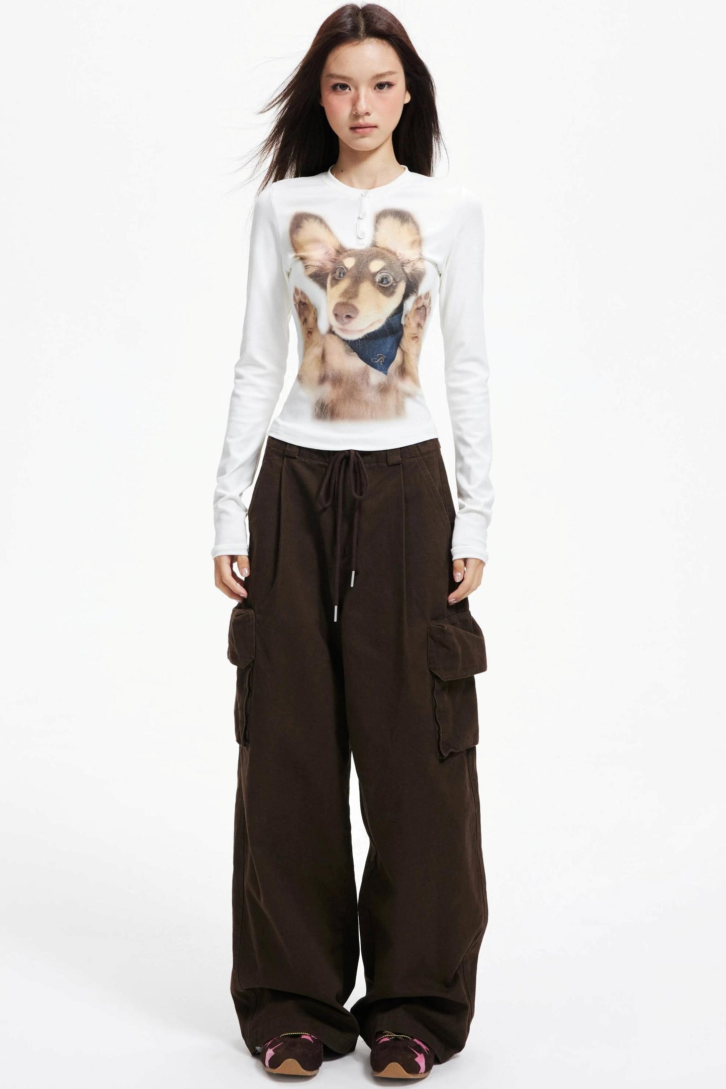 Puppy Print Crew Neck Knit Slim Top