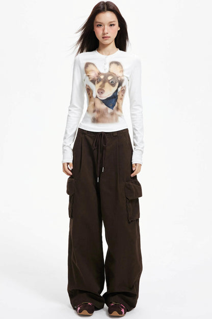 Puppy Print Crew Neck Knit Slim Top
