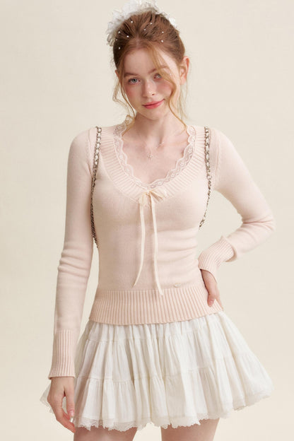 Peach Lace Sweater Tops